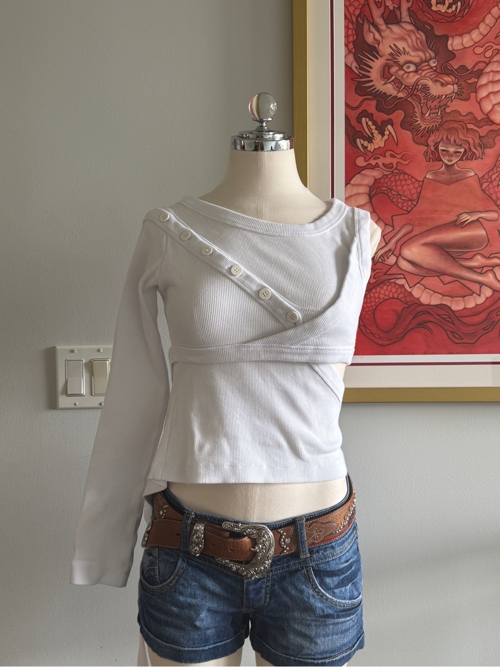 Natasha Zinko White Asymmetrical Ribbed Long-Sleeve Top